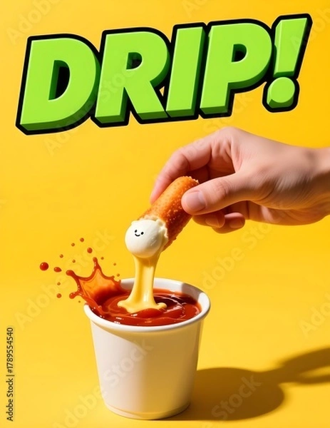 Fototapeta Cheesy Mozzarella Stick with Marinara Splash and Bold Comic Text on Yellow Background