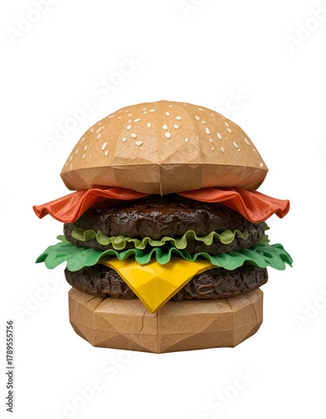Fototapeta Origami Style Cheeseburger 3D Icon with Lettuce Bacon and Paper Texture on Transparent Background