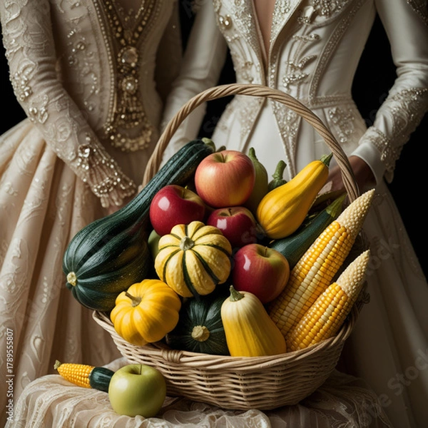 Obraz Abundance of Autumn Harvest Vegetables and Fruits in a Basket Display