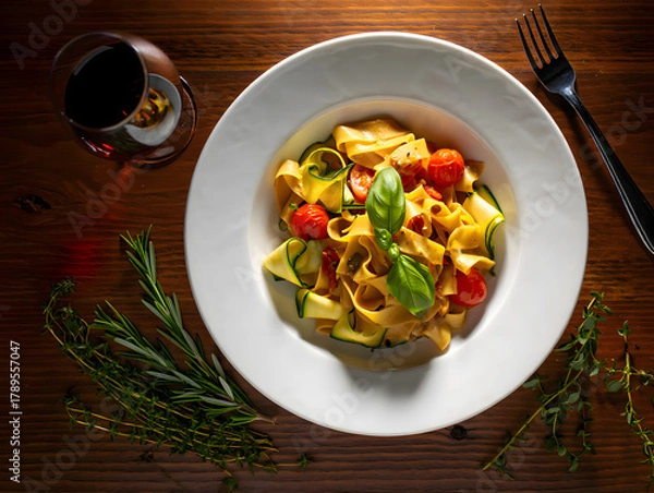 Obraz Delicious pasta dish with fresh vegetables and herbs served on a wooden table
