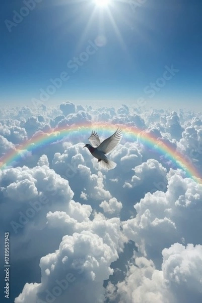 Fototapeta Bird flying through rainbow and clouds in bright sky