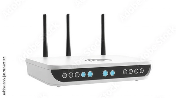 Fototapeta Modern white wireless router with three antennas isolated on transparent background