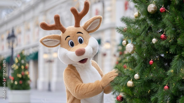Obraz Cheerful reindeer mascot in festive costume is playfully decorating a Christmas tree with colorful ornaments, creating a joyful holiday atmosphere in a winter wonderland setting