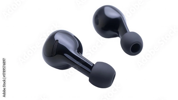 Fototapeta Pair of black wireless earbuds isolated on transparent background, closeup view