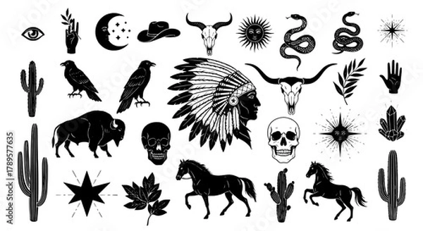 Obraz Western Silhouette Icons - Cowboy & Desert Vector Pack