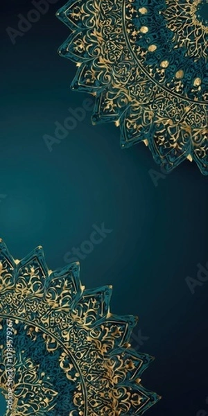 Fototapeta Teal backdrop features two ornate gold mandala designs, positioned at opposite corners, leaving a central blank space