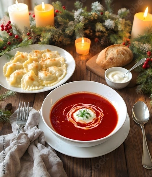 Fototapeta Rustic Holiday Table Setting with Traditional Eastern European Dishes 