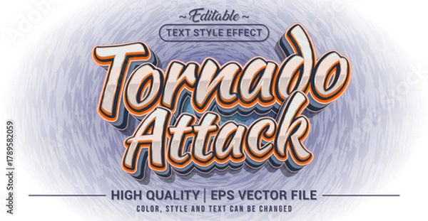 Obraz Editable text effect vector “Tornado Attack” with a stormy, bold, and action-packed style. Perfect for gaming titles, adventure posters, and extreme weather themes.