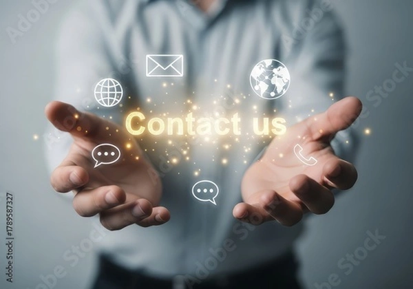 Obraz Man presenting contact us message with communication icons in his hands with a light background