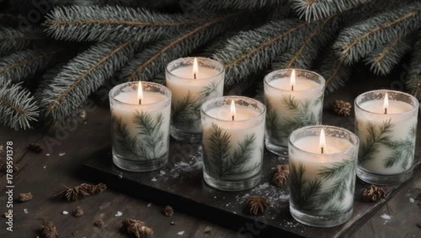 Fototapeta Lit candles in glass holders with pine needles background.