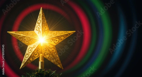 Obraz Golden Christmas Star Topper On Dark Bokeh Background.