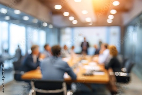 Obraz Blur office meeting blurred background with business people working group in boardroom discussion, executive seminar or professional training in enterprise. High quality