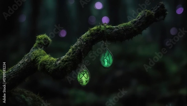 Fototapeta Magical glowing orbs hanging from a moss-covered branch in a dark forest.