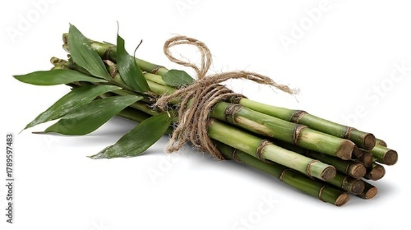 Fototapeta Bundle of fresh green bamboo stalks tied with rope isolated on white background