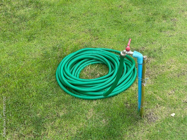 Obraz Rubber hose with water tap for watering in park.