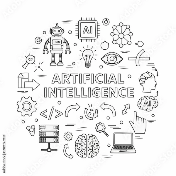 Fototapeta Artificial Intelligence Line Art Illustration with Icons and Symbols