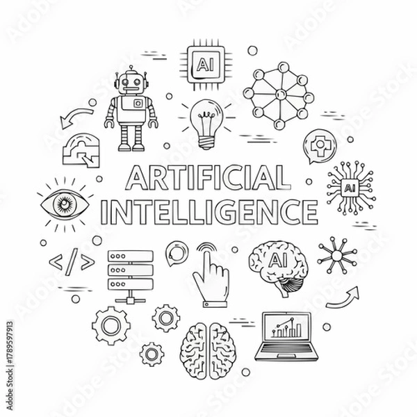 Fototapeta Artificial Intelligence Line Art Illustration with Icons and Symbols