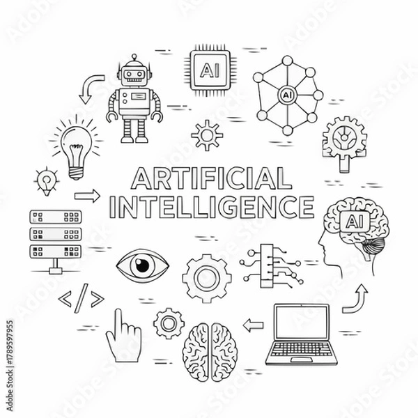 Fototapeta Artificial Intelligence Line Art Illustration with Icons and Symbols