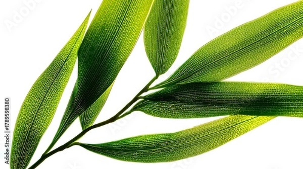 Fototapeta Fresh green bamboo leaves on a branch isolated on white background in macro view