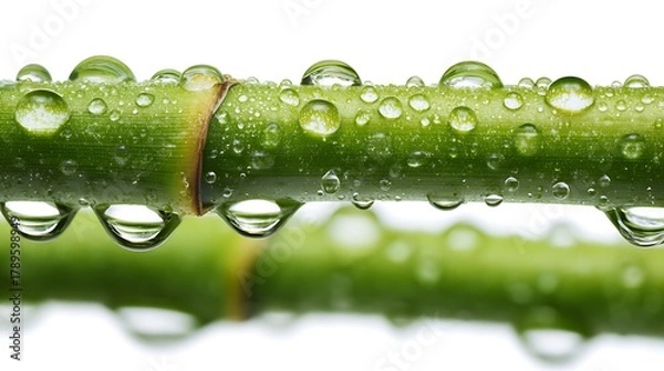Fototapeta Detailed closeup of green bamboo stalks with water drops isolated on white background