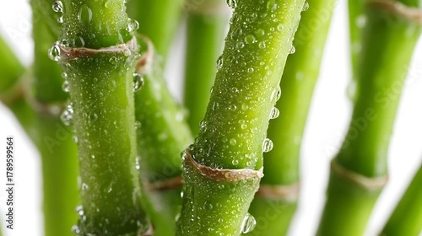 Obraz Closeup of fresh green bamboo stalks with water droplets isolated on white background