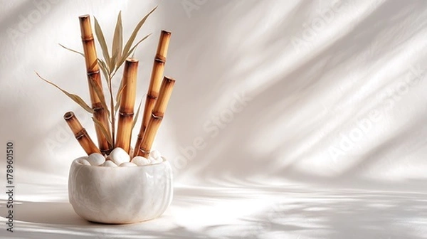 Fototapeta Bamboo arrangement in a white vase isolated on white background
