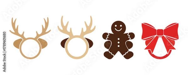 Fototapeta Christmas vector set with reindeer antlers, gingerbread and bow