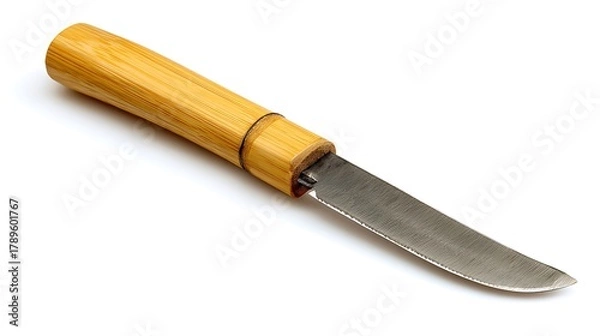 Fototapeta Wooden handled knife isolated on white background, a sharp steel blade tool