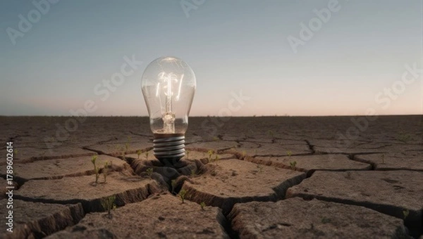 Obraz Illuminated lightbulb stands upright in cracked, dry earth under a vast, cloudless sky