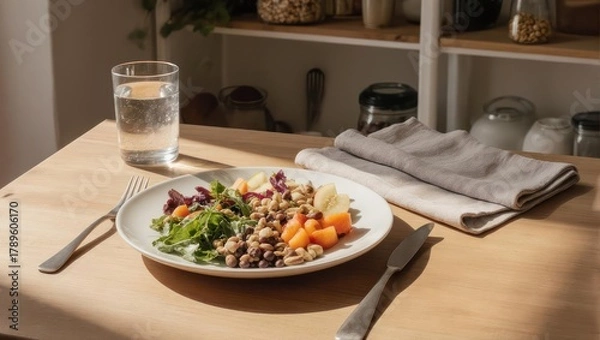 Obraz Freshly plated salad and water glass sit on a wooden table in soft sunlight near shelves