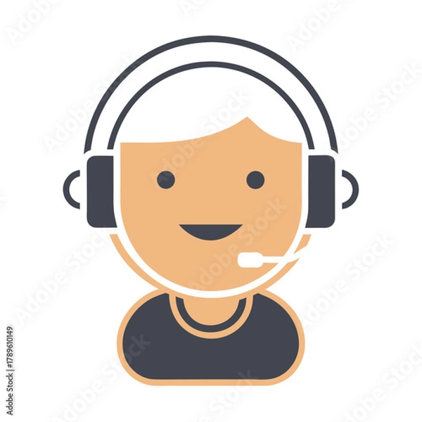 Fototapeta Customer Support Avatar, Smiling Call Center Agent with Headset, Flat Vector Icon, Isolated on White Background
