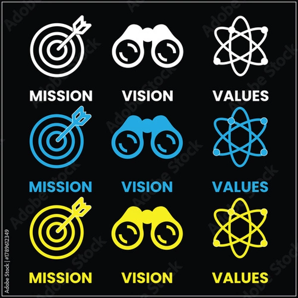 Fototapeta Vision, Mission, and Values Template Design Vector, Modern Corporate Infographic Layout for Business Presentation, Company Profile, and Strategy Report