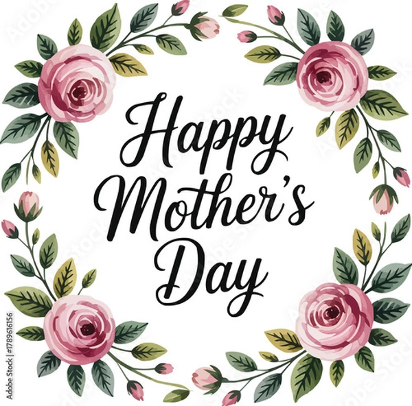 Fototapeta Elegant Happy Mother's Day floral wreath design with roses and leaves for greeting cards, invitations, and spring holiday celebrations and decorations