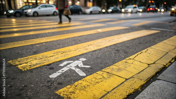 Fototapeta  pedestrian crossing street A pedestrian crossing marked with broad yellow stripes on asphalt featuring a figure symbol low angle close up shot bokeh