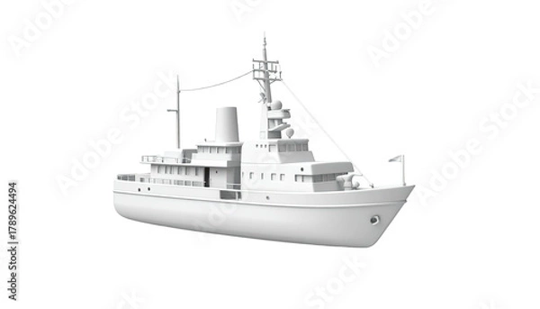 Fototapeta Model of white motor yacht, isolated against a dark background