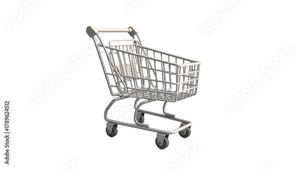 Fototapeta Empty, silver shopping cart on black background, angled right