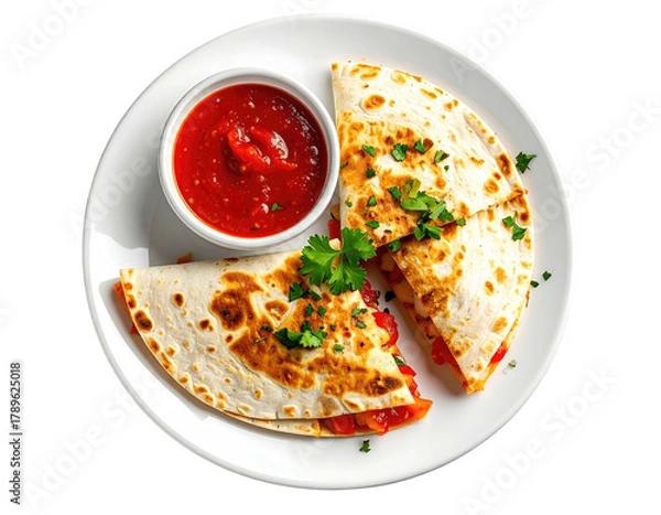 Fototapeta Quesadillas cut in half with salsa on a white plate, overhead
