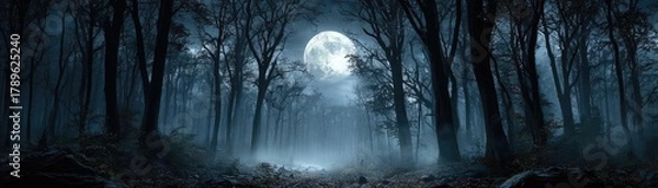 Fototapeta Epic spooky night with full moon misty sky concept. A spooky forest under a full moon, creating eerie shadows and light.