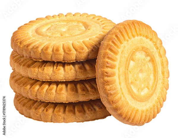 Fototapeta Stacked golden biscuits with detailed center and ridged edges