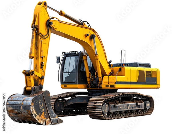 Obraz Yellow excavator isolated on black, bucket extended to left