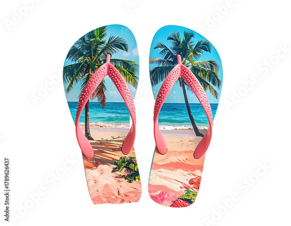 Fototapeta Beach scene captured on flip-flops; summer footwear on black