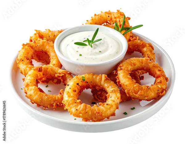 Fototapeta Crispy onion rings surround a creamy dip on a round white plate
