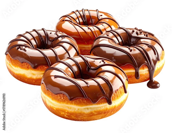 Fototapeta Four donuts with various drizzles on top, piled together
