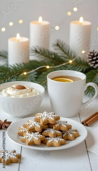 Fototapeta Bright Scandinavian Holiday Setup with Ginger Cookies and Mulled Wine 