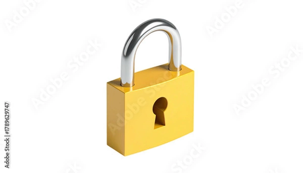 Obraz Yellow padlock with chrome shackle, isolated on black background
