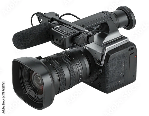 Fototapeta Black digital camera with lens, microphone, and top handle