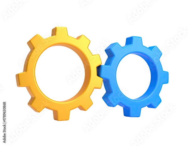 Obraz Interlocked yellow and blue gears on a black background