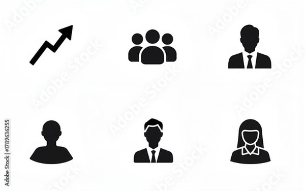Obraz Business or organisation management icon set. Containing manager, teamwork, strategy, marketing, business, planning, training, employee icons. Solid icons vector collection. High quality