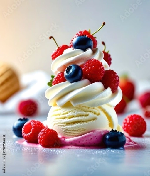 Fototapeta A dessert with a white frosting and blueberries and strawberries on top