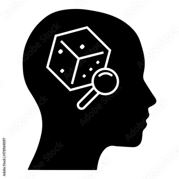 Fototapeta Silhouette of Human Head with Cube and Magnifying Glass Icon Representing Critical Thinking and Problem Solving